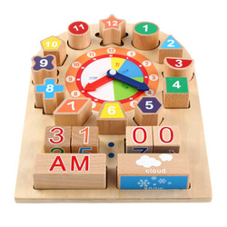 Drewniany zegar sorter z wyjmowanymi cyferkami, pory dnia i pogoda