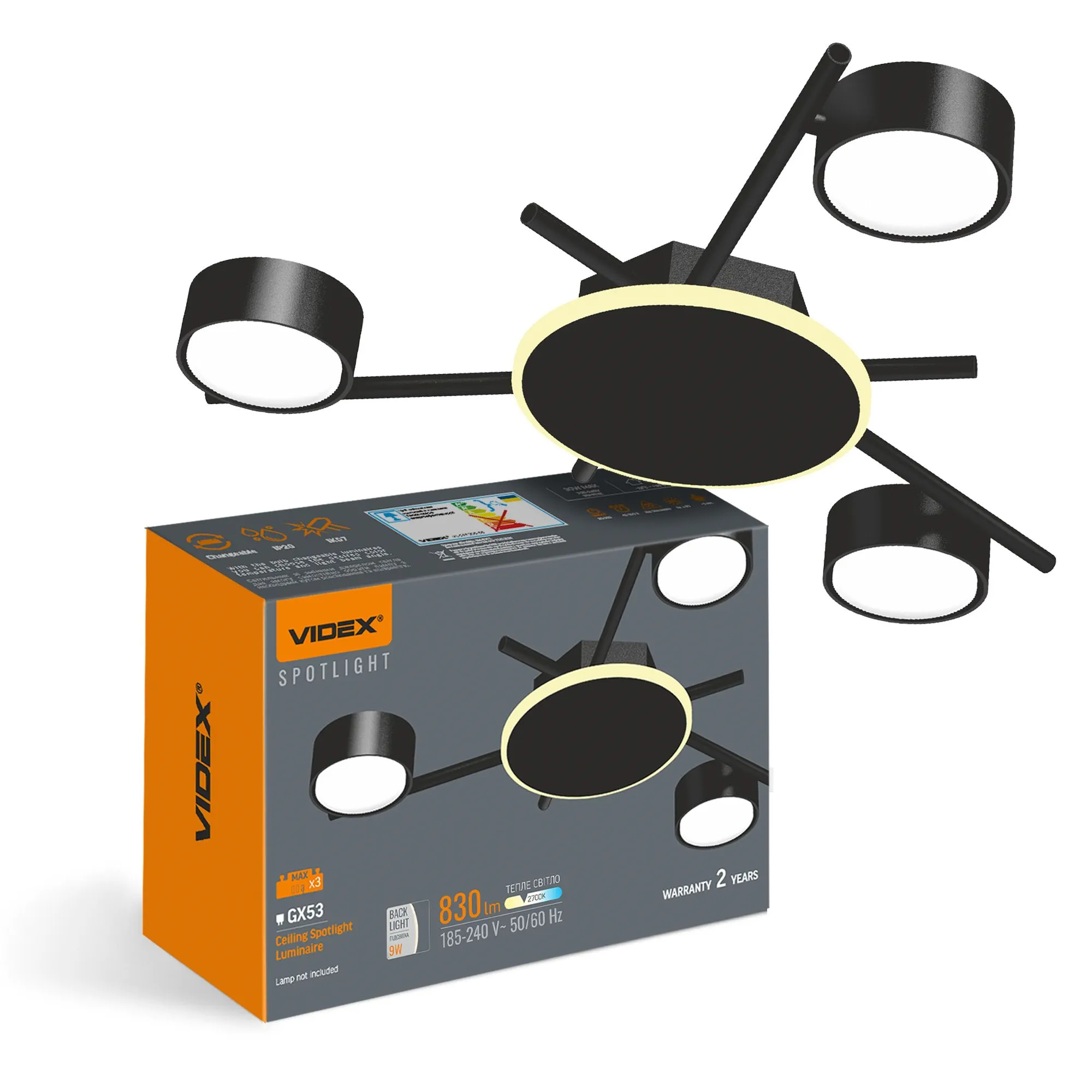 ⭐ Reflektor sufitowy VIDEX na 3 lampy GX53 z podświetleniem ⭐