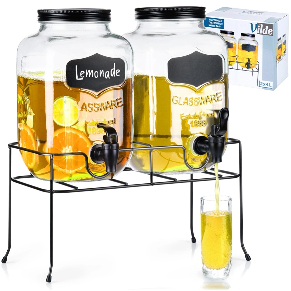 Słój do napojów z kranikiem i stojakiem czarnym 2x4 l 3 el.