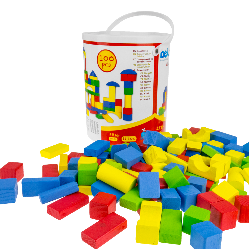 Klocki drewniane wiaderko zestaw 100 szt + Sorter kolorowe