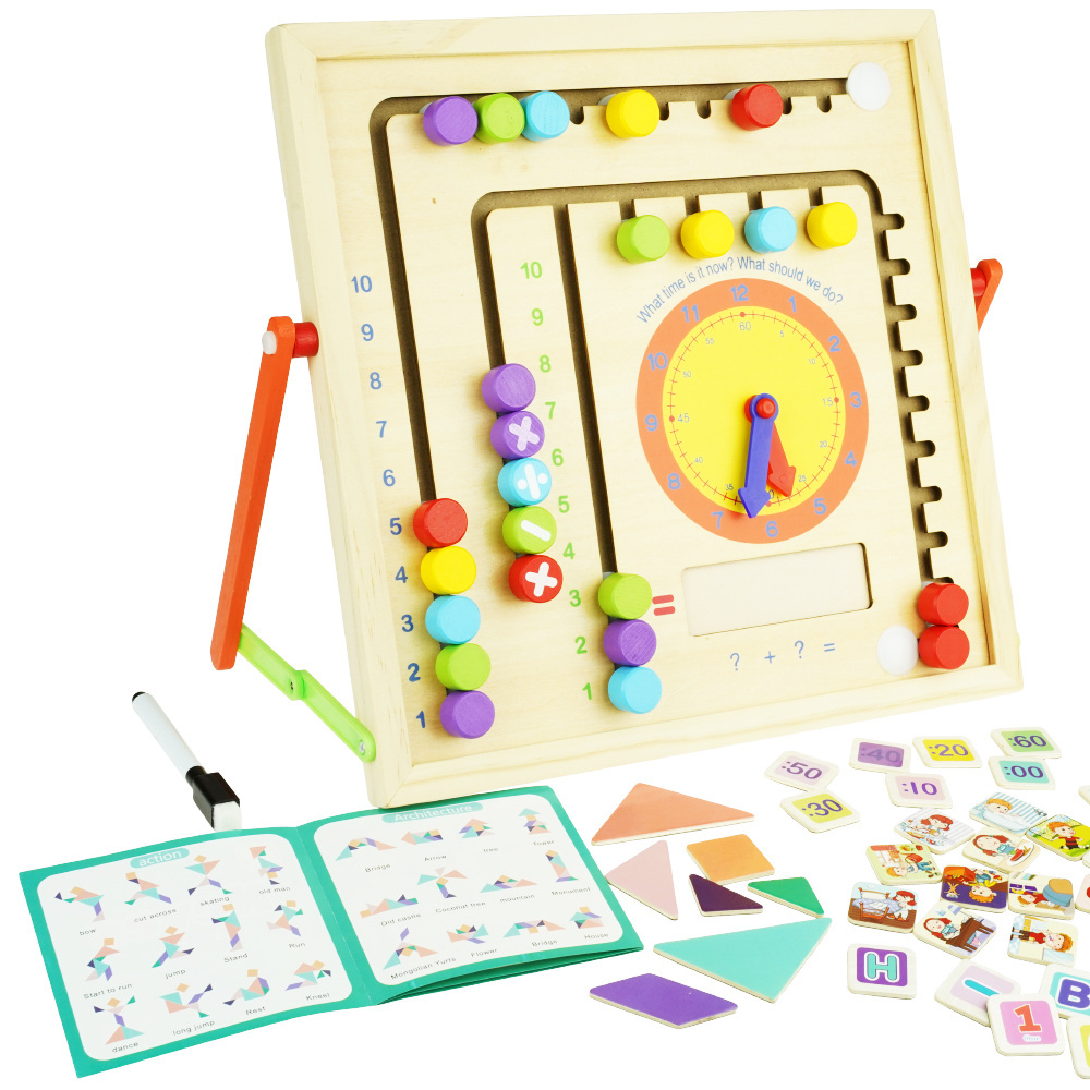 Dwustronna sensoryczna drewniana tablica edukacyjna z zegarem 4w1 
