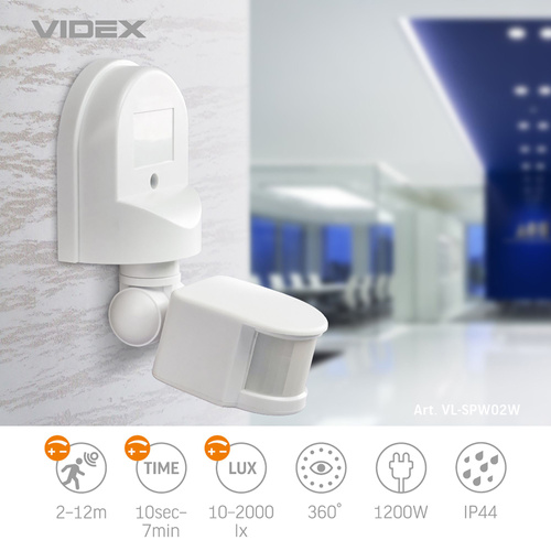 Czujnik ruchu i światła Videx podczerwień IP44 moc 1200W zasięg 12m 180°