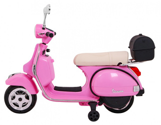 Skuter Vespa elektryczny dla dzieci Różowy + Kółka pomocnicze + Audio + Ekoskóra + EVA + Wolny Start