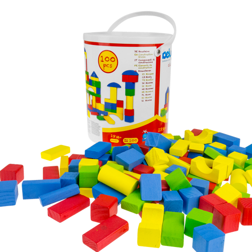 Klocki drewniane wiaderko zestaw 100 szt + Sorter kolorowe