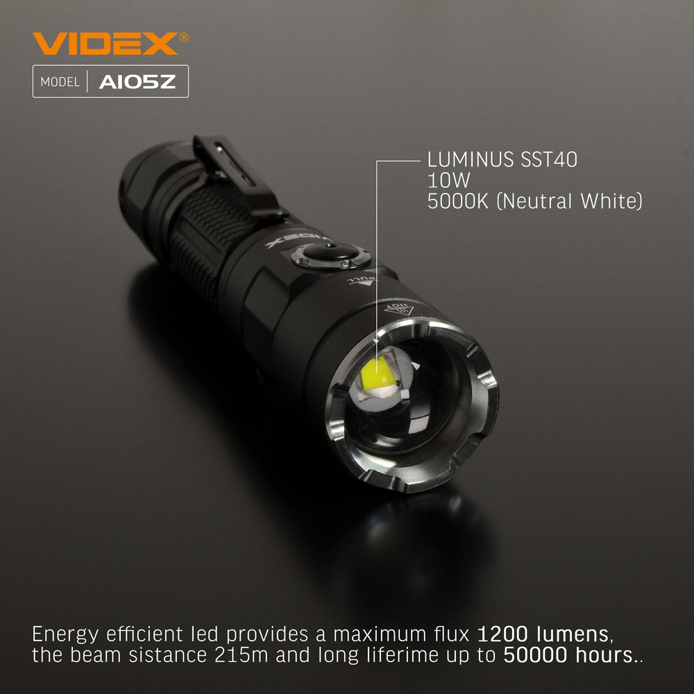 Latarka Videx LED 1200lm IP44 neutralna biel 5000k 8 trybów zasięg 215m