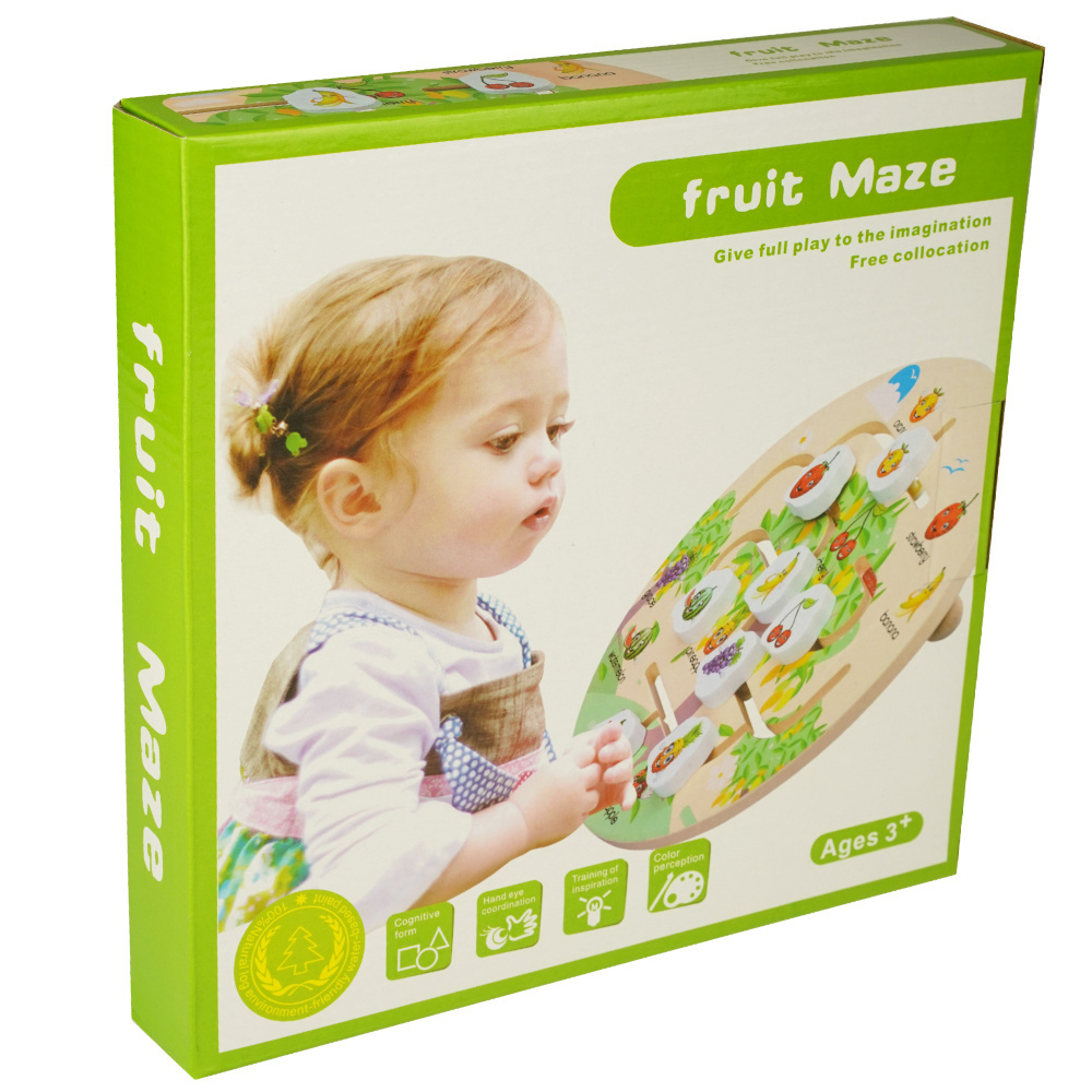 Drewniana kolorowa układanka labirynt z torem ruchu owoce drewno