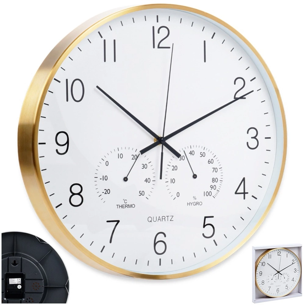 Zegar ścienny z termometrem i higrometrem biały złoty 38 cm