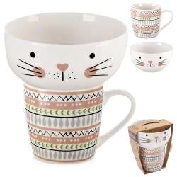 Kubek z miseczką dla dziecka porcelanowy kot 2 el.