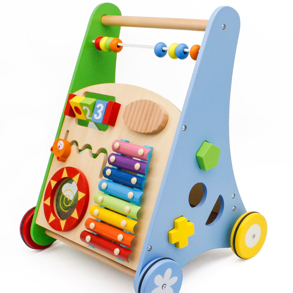 Pchacz chodzik drewniany edukacyjny sorter liczydło cymbałki bębenek 