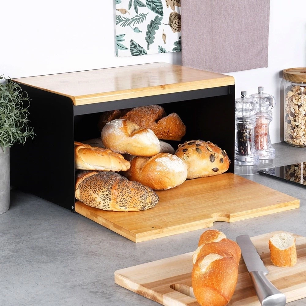 Chlebak bambusowy metalowy czarny podwójna pokrywa 35,5x22x20,5 cm