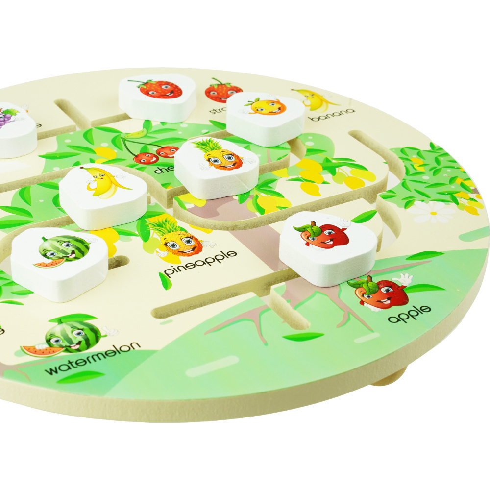 Drewniana kolorowa układanka labirynt z torem ruchu owoce drewno