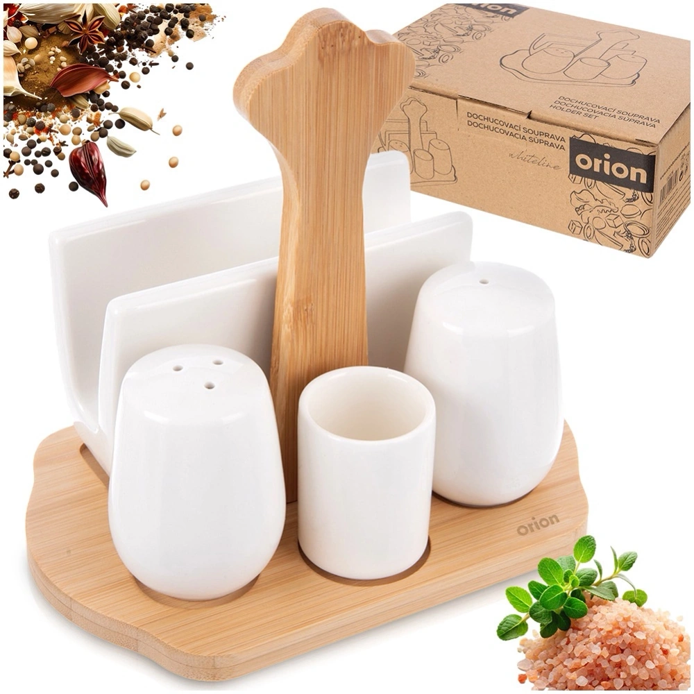 Solniczka i pieprzniczka porcelanowa ze stojakiem i serwetnikiem WHITELINE 5 el.