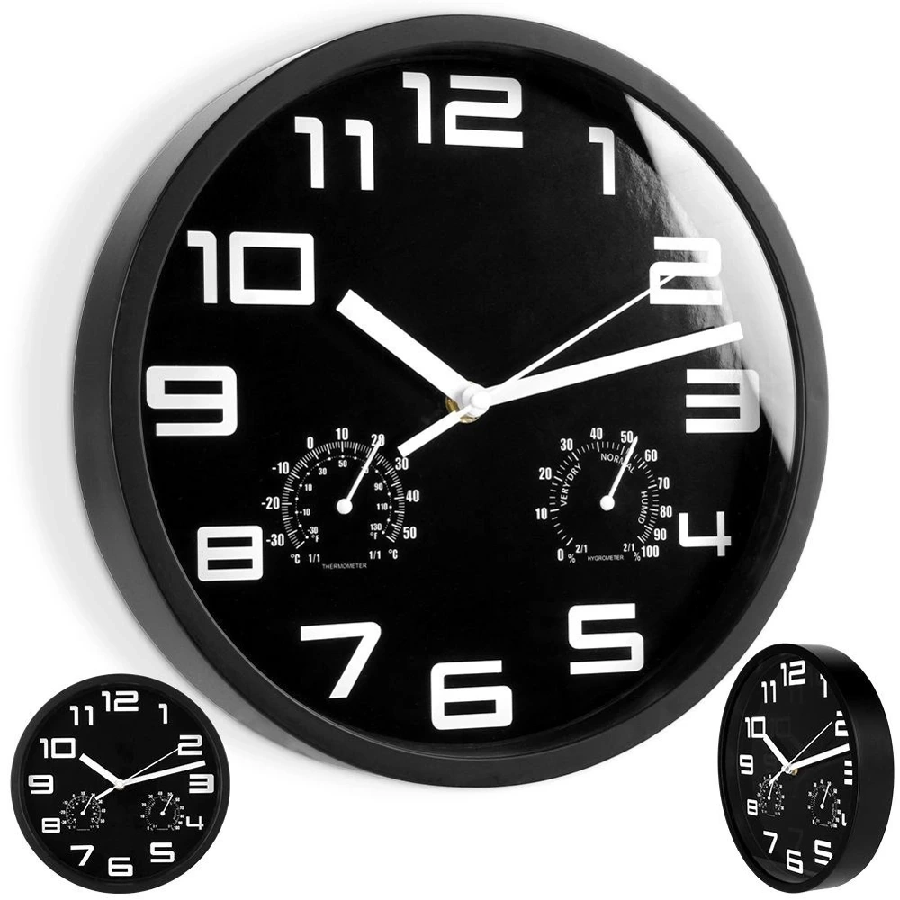 Zegar ścienny czarny z termometrem higrometrem 25 cm