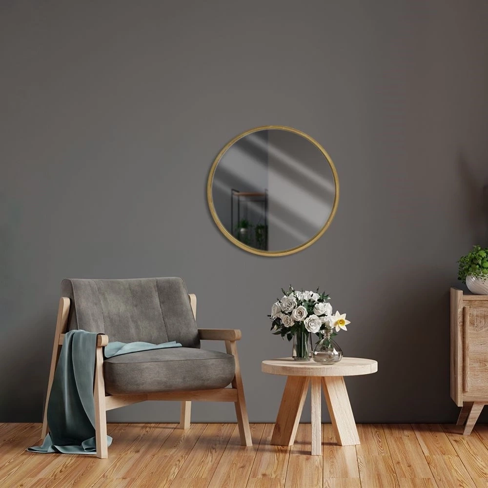 Lustro ścienne drewniane złote okrągłe 40 cm