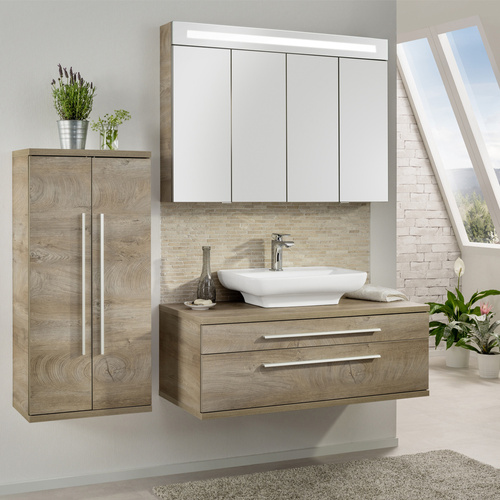 Szafka łazienkowa 110 cm dąb naturalny z ceramiczną umywalką nablatową 60 cm Stanford Fackelmann