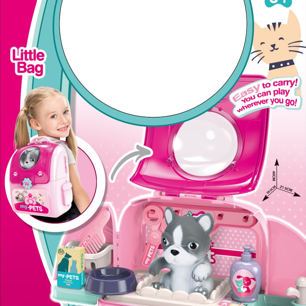 Salon piękności dla pupila, plecak z pieskiem