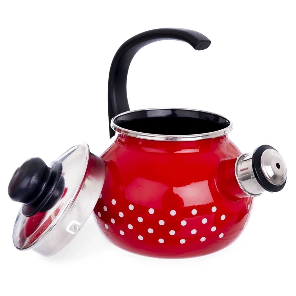Czajnik z gwizdkiem emaliowany czerwony w grochy TECKA 1,75 l