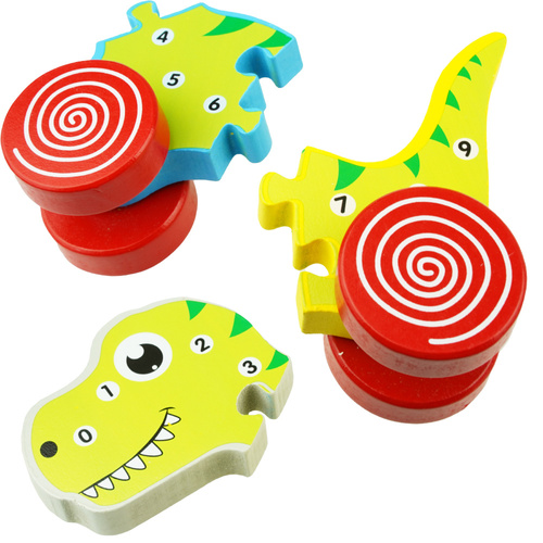 Drewniana układanka puzzle 3D Dinozaur na kółka do ciągnięcia