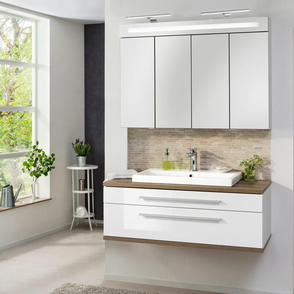 Szafka łazienkowa 110 cm z umywalką ceramiczną biały + dąb naturalny Stanford Fackelmann