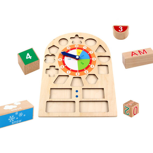 Drewniany zegar sorter z wyjmowanymi cyferkami, pory dnia i pogoda