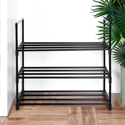 Regał na buty metalowy czarny 3-poziomowy 57x28x55 cm