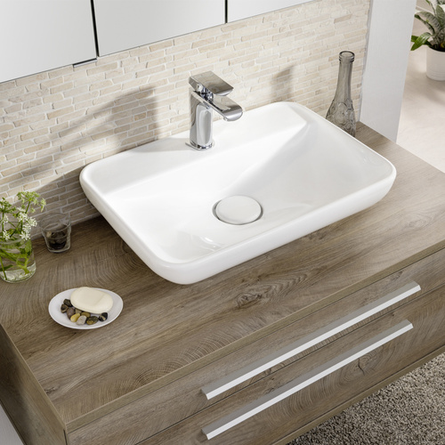 Szafka łazienkowa 110 cm dąb naturalny z ceramiczną umywalką nablatową 60 cm Stanford Fackelmann