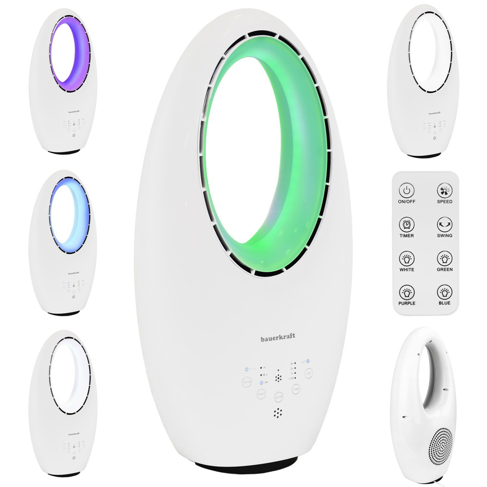 Nowoczesny wentylator stojący bezłopatkowy podłogowy pilot timer LED kolory biały 3 tryby obrotowy