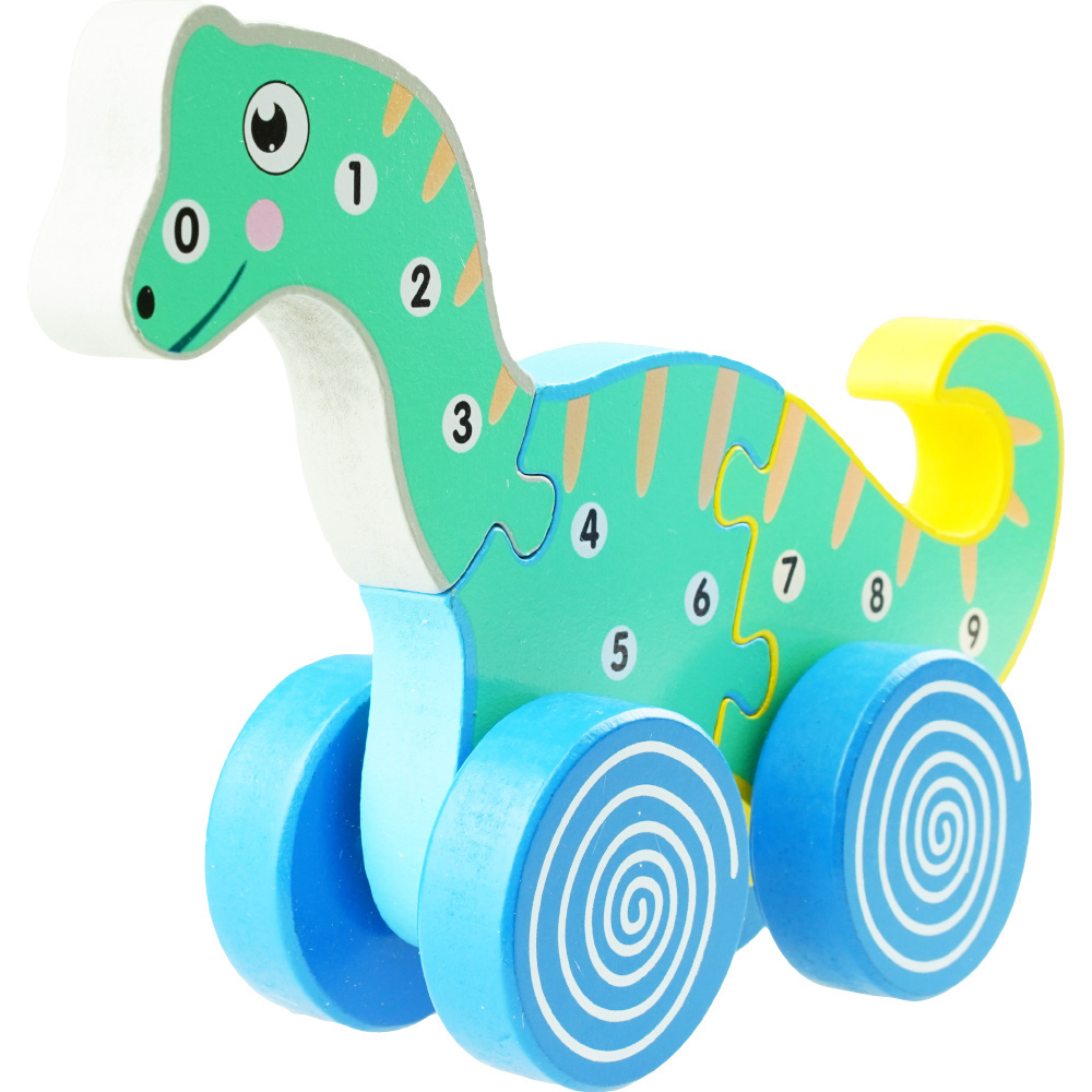 Drewniana układanka puzzle 3D dinozaur na kółka do ciągnięcia 