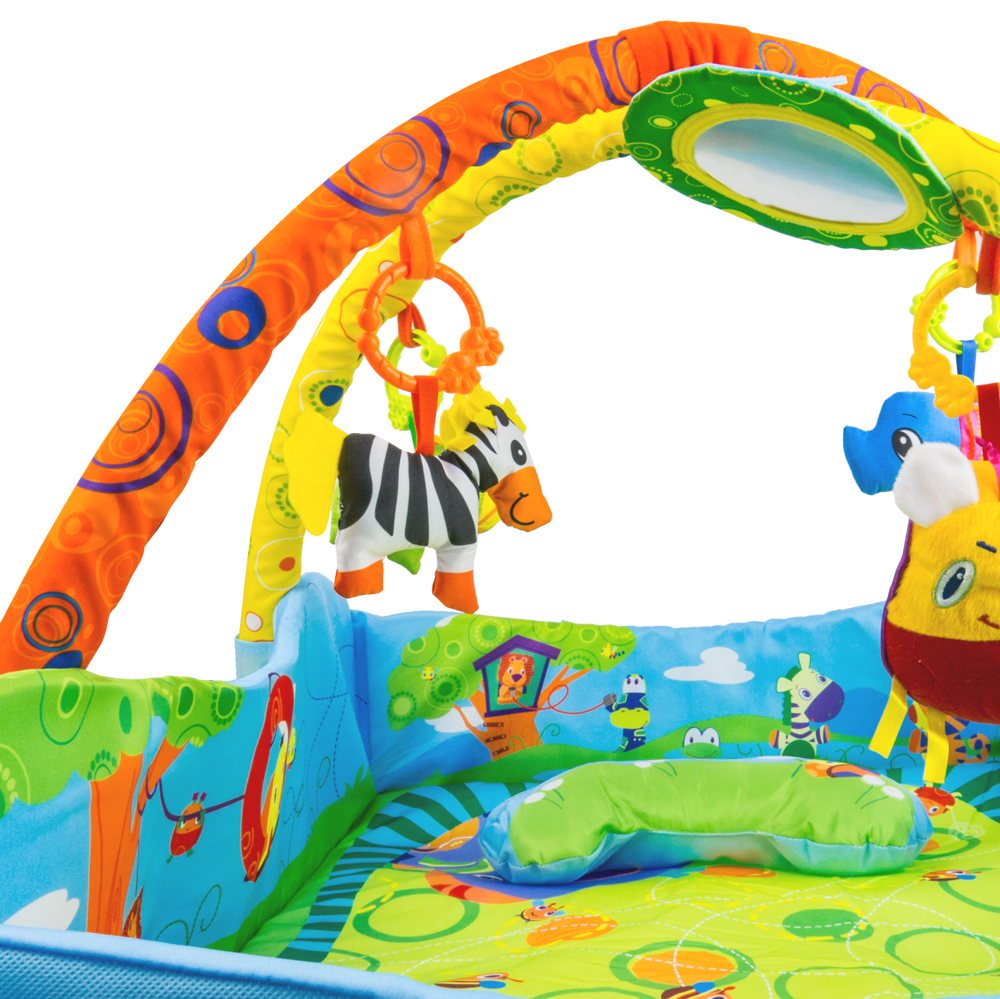 Mata edukacyjna kojec 2w1 z zabawkami i zagłówkiem