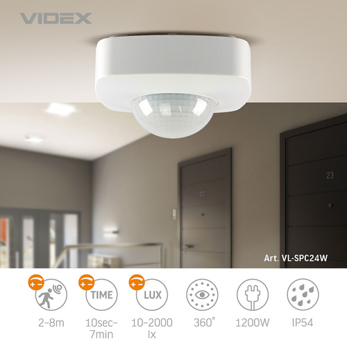 Czujnik ruchu i światła Videx podczerwień IP54 moc 1200W zasięg 8m kąt 360°