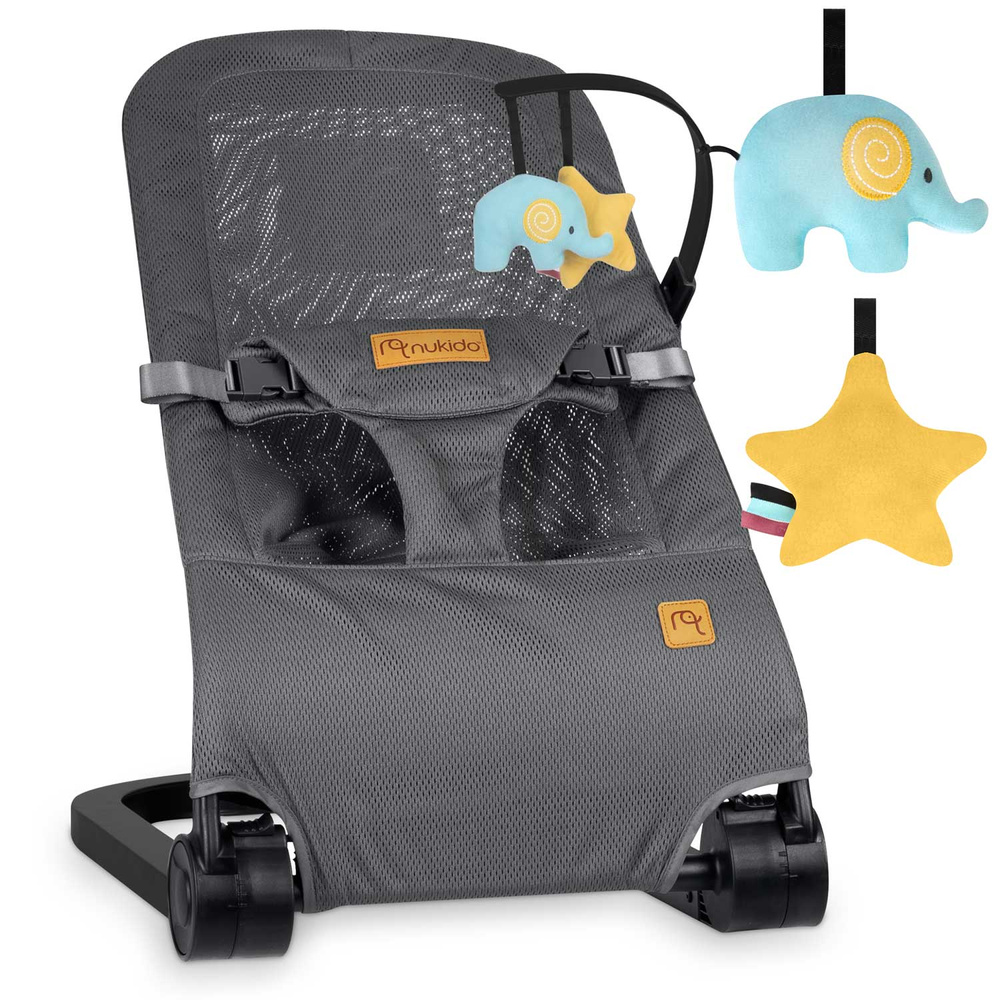 Leżaczek bujaczek z zabawkami - szary