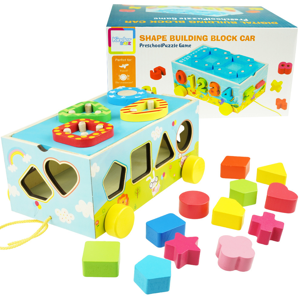 Drewniane auto samochód Sorter Figury klocki kolorowe edukacyjny
