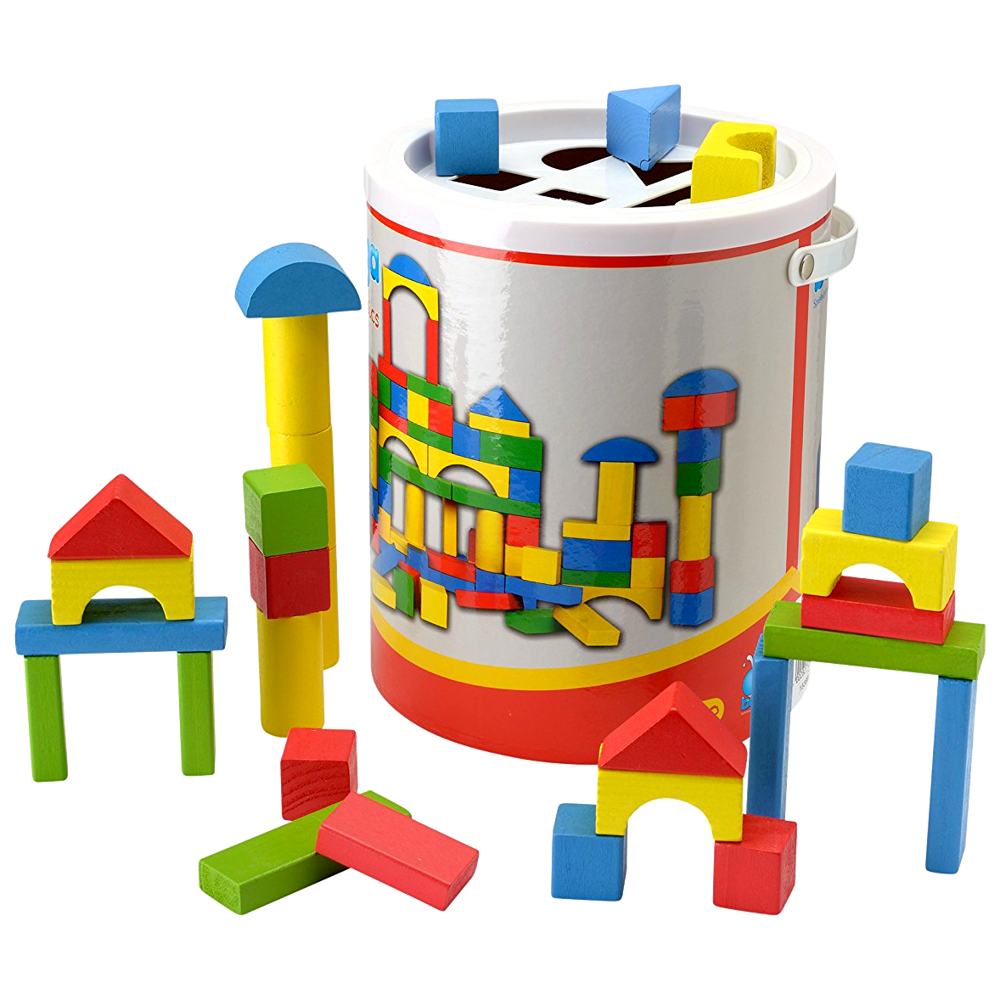Klocki drewniane wiaderko zestaw 100 szt + Sorter kolorowe