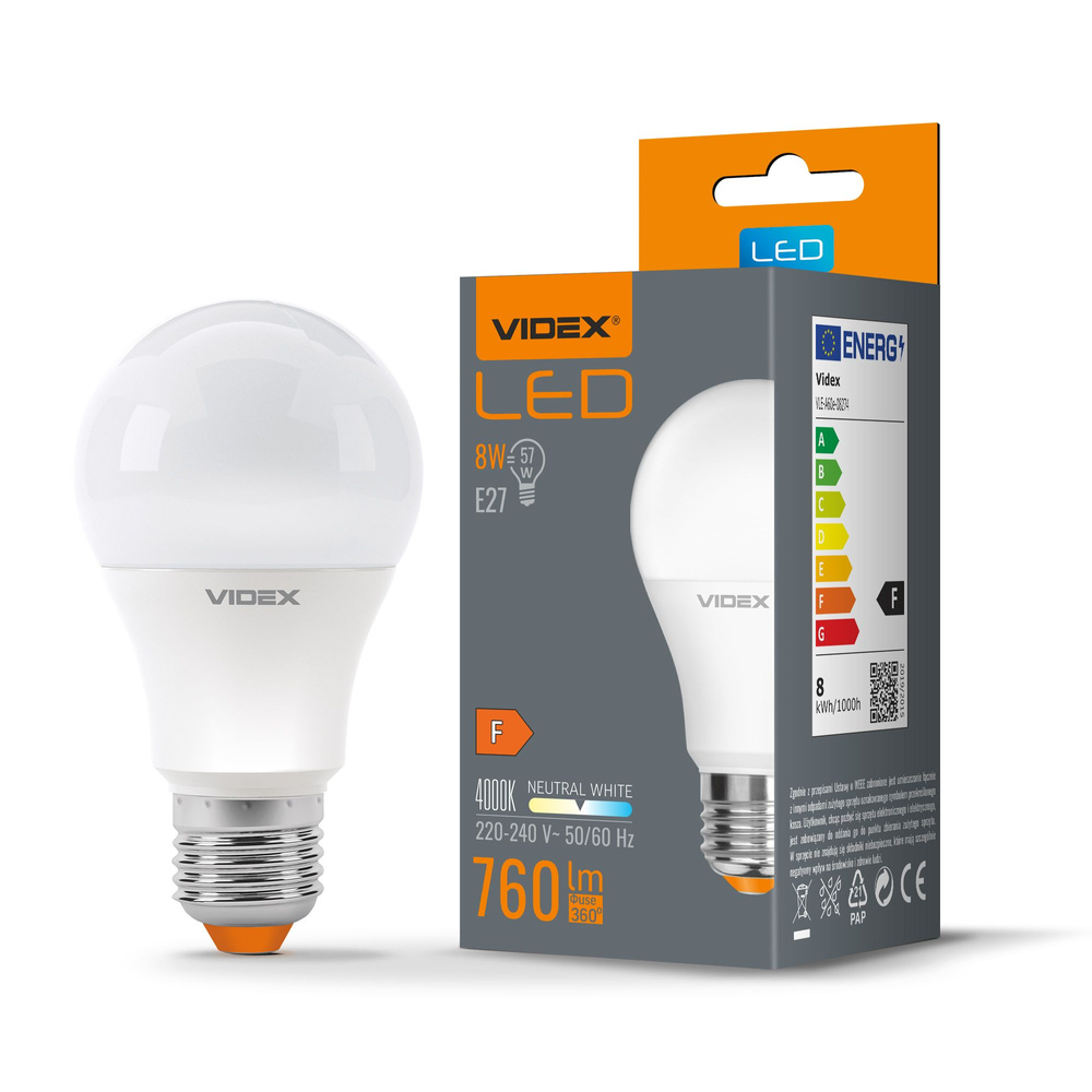 Żarówka LED E27 A60 8W = 57W 760lm 4000K Neutralna Biel 240° Videx