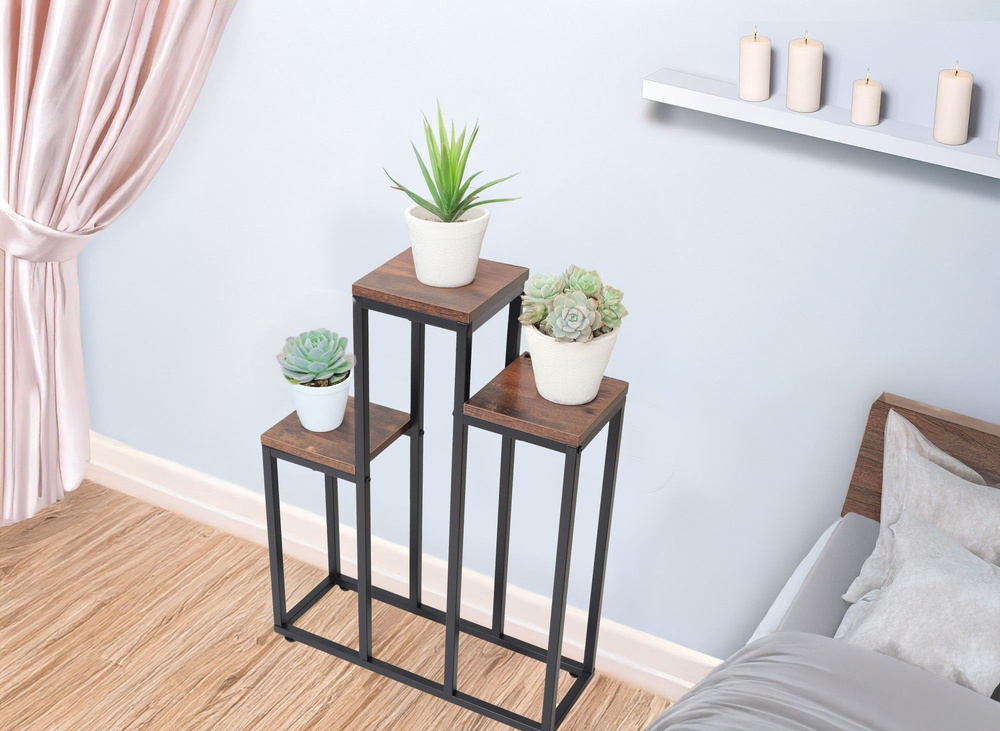 Kwietnik stojący metalowy piętrowy stojak na 3 kwiaty regał dąb rustykalny