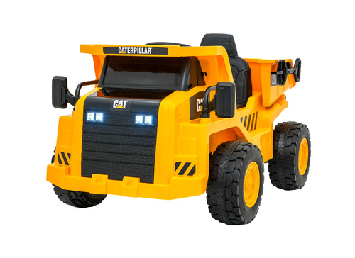 Wywrotka Caterpillar na akumulator dla dzieci Żółty + Ruchomy kiper + Łopatka + Megafon + Audio LED + Ekoskóra