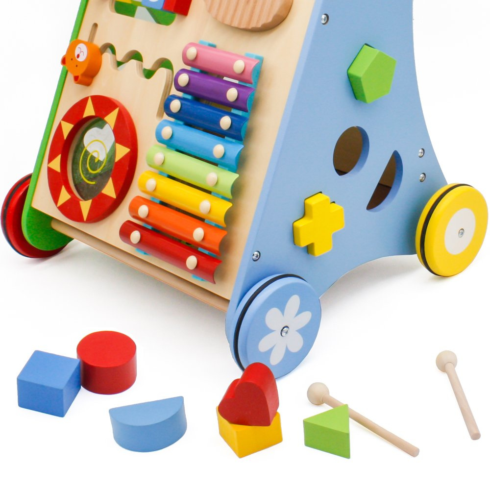 Pchacz chodzik drewniany edukacyjny sorter liczydło cymbałki bębenek 