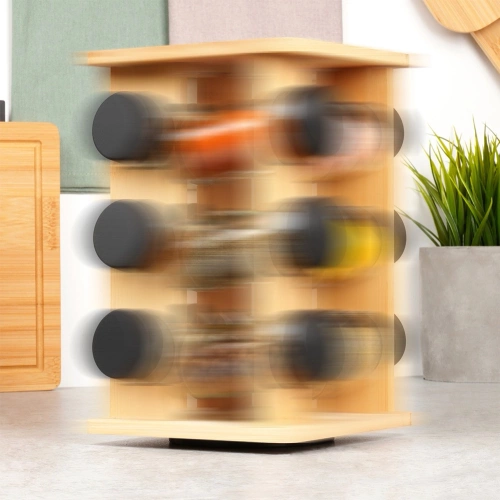 Stojak na przyprawy z pojemnikami bambusowy obrotowy 13 el.