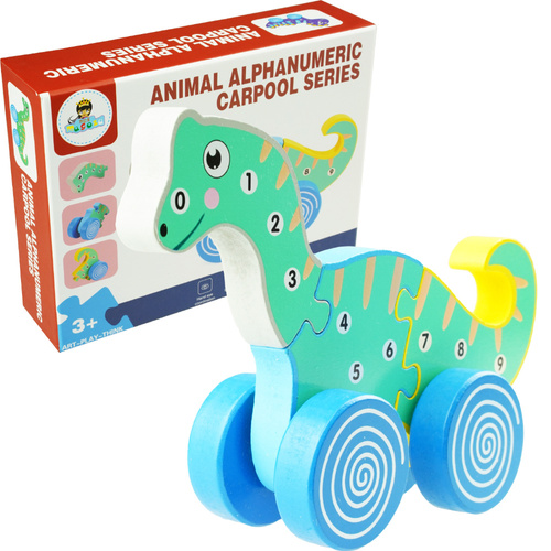 Drewniana układanka puzzle 3D dinozaur na kółka do ciągnięcia 