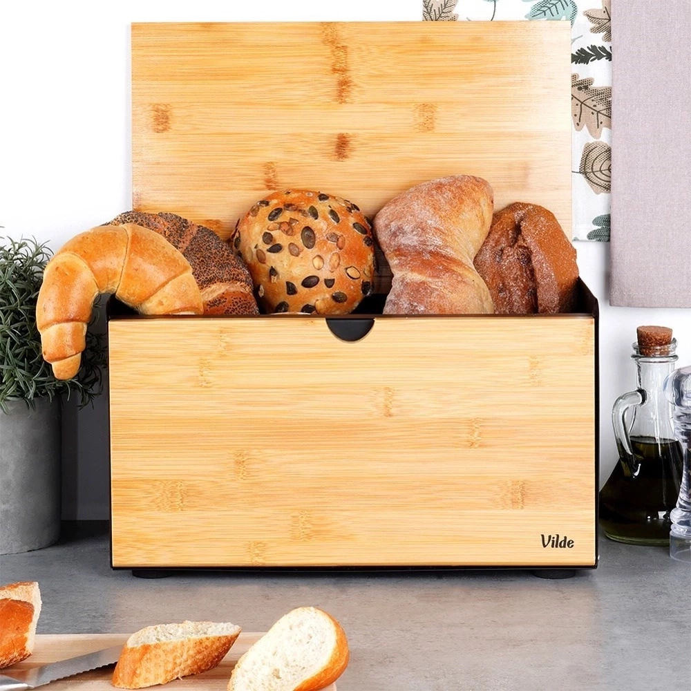 Chlebak bambusowy metalowy czarny podwójna pokrywa 35,5x22x20,5 cm