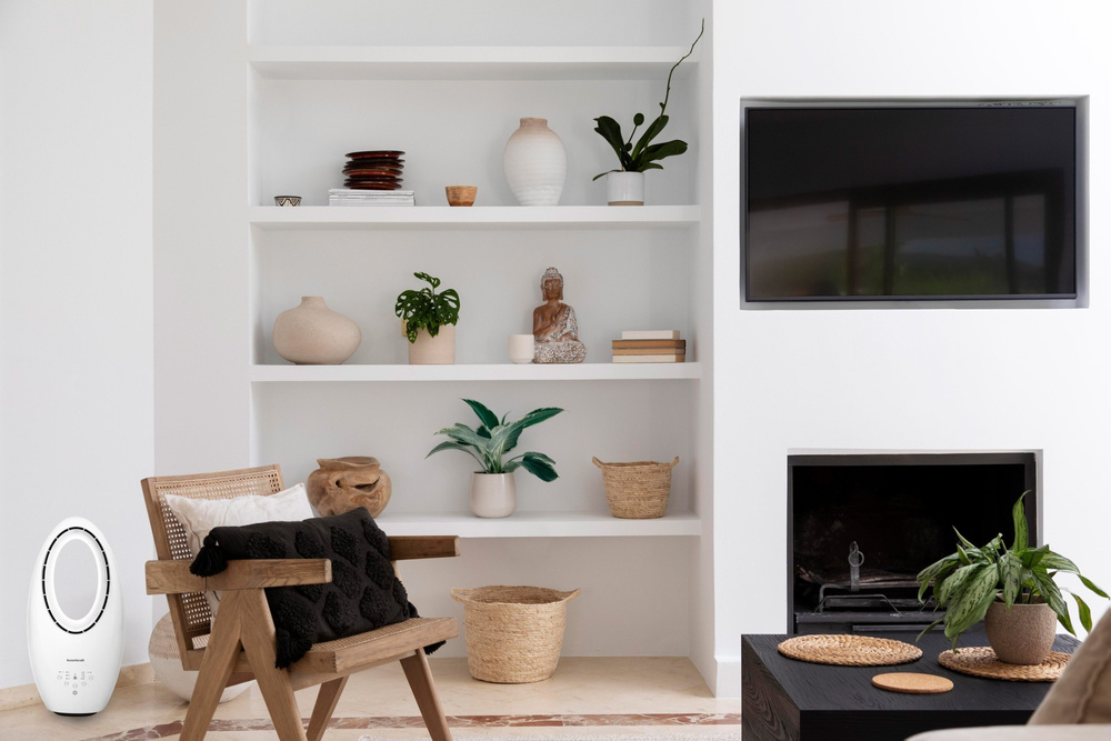 Nowoczesny wentylator stojący bezłopatkowy podłogowy pilot timer LED kolory biały 3 tryby obrotowy