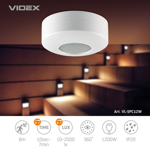 Czujnik ruchu i światła Videx podczerwień IP20 moc 1200W zasięg 8m kąt 360°