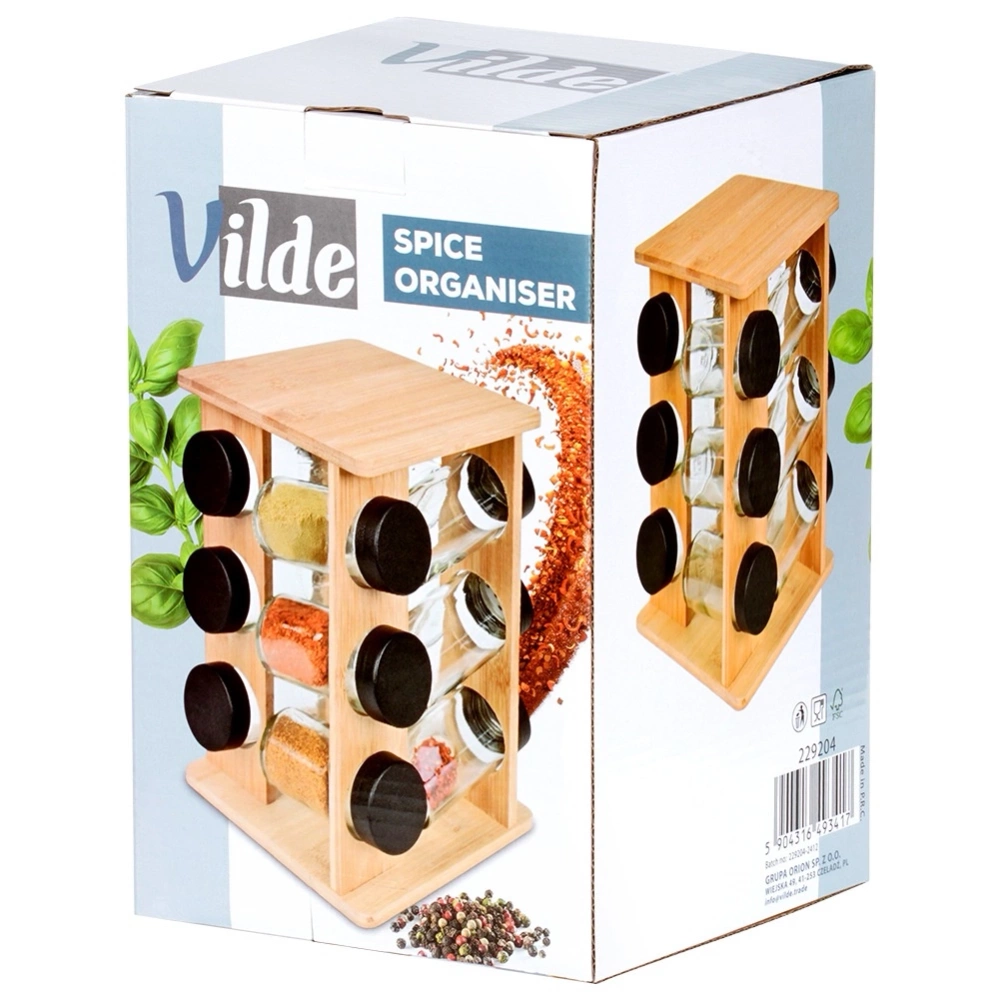 Stojak na przyprawy z pojemnikami bambusowy obrotowy 13 el.