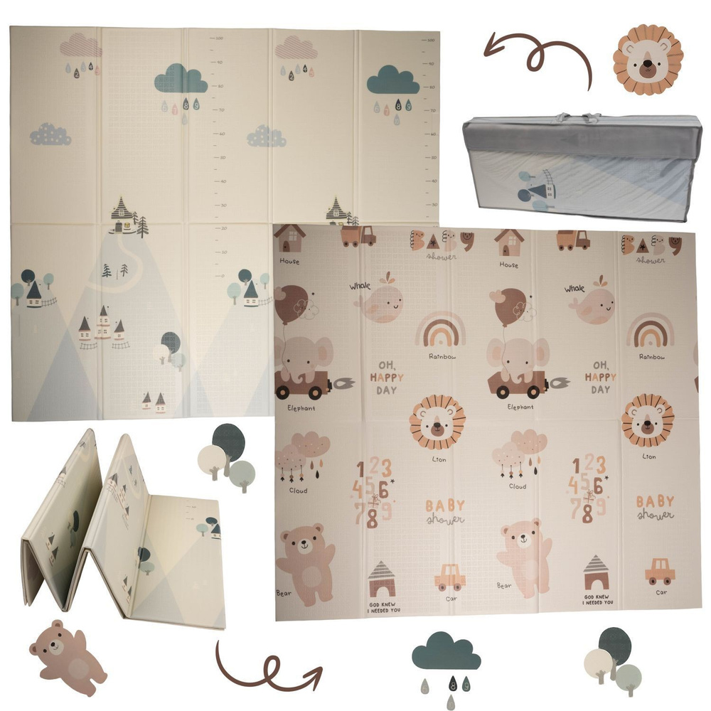 Dwustronna składana kolorowa edukacyjna piankowa mata dziecięca XXL 180x200 cm - misie i słoniki