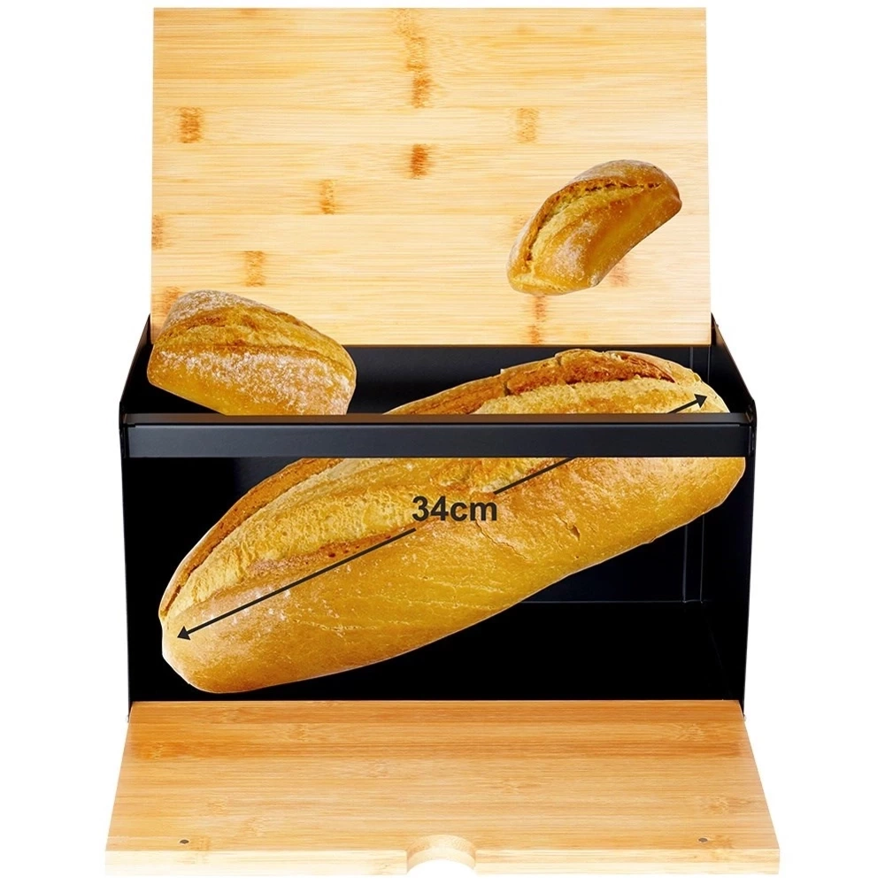 Chlebak bambusowy metalowy czarny podwójna pokrywa 35,5x22x20,5 cm