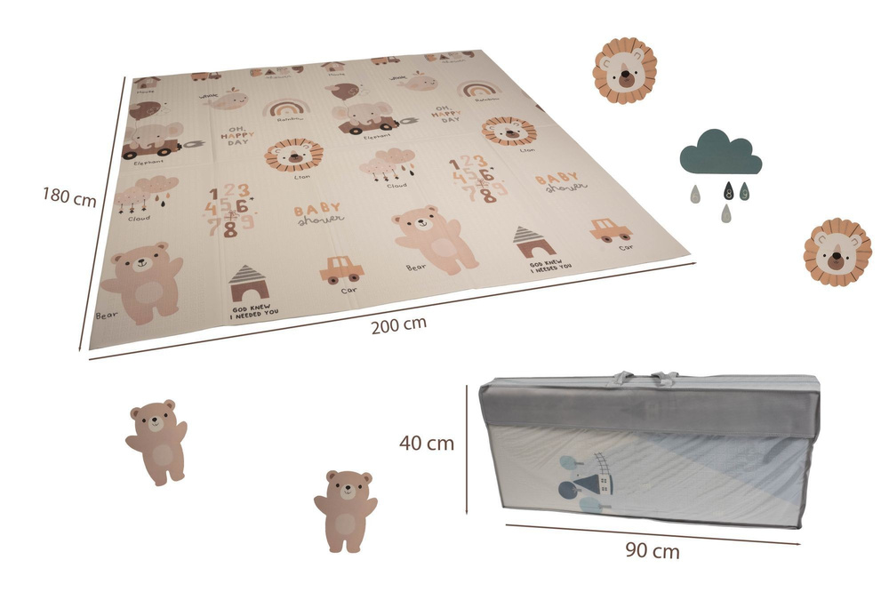 Dwustronna składana kolorowa edukacyjna piankowa mata dziecięca XXL 180x200 cm - misie i słoniki