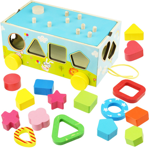 Drewniane auto samochód Sorter Figury klocki kolorowe edukacyjny