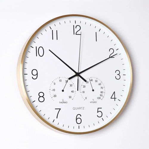 Zegar ścienny z termometrem i higrometrem biały złoty 38 cm