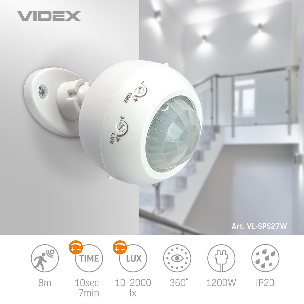 Czujnik ruchu i światła Videx podczerwień IP20 moc 1200W zasięg 8m kąt 360°