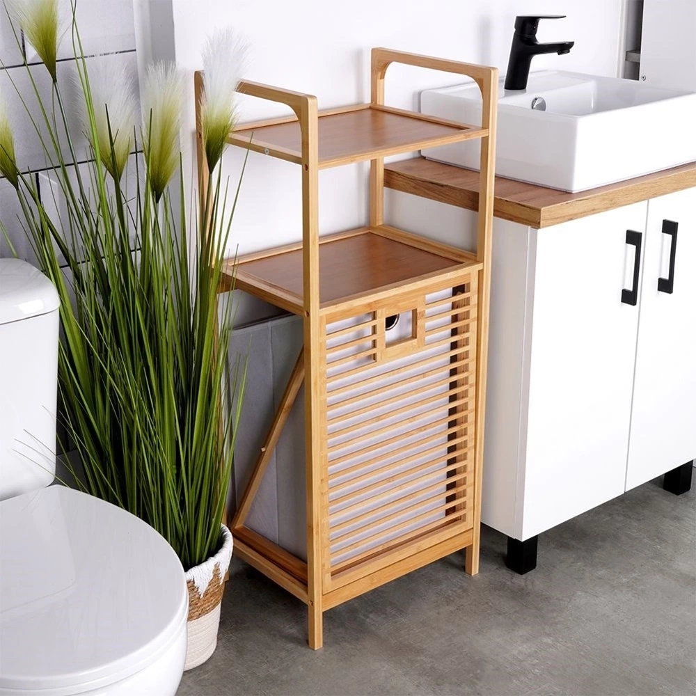 Regał łazienkowy z koszem na pranie bambusowy 39,5x30x49 cm